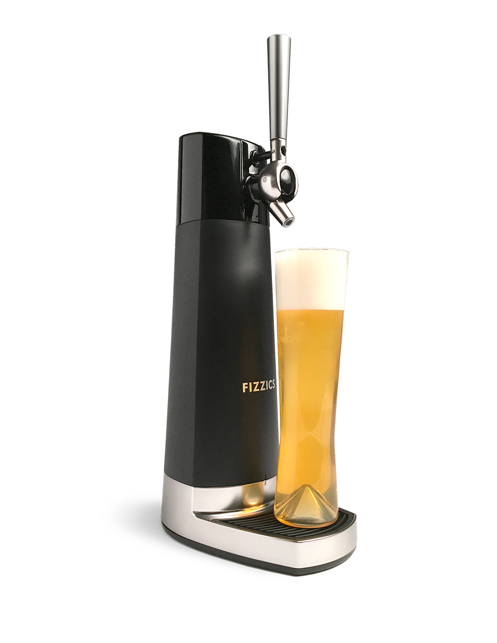 fizzics draft pour carbon with draft beer on stand on white background